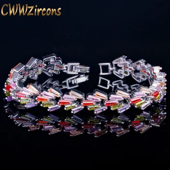  CWWZircons Lüks Gümüş Renk Trapez Çok Renkli Kübik Zirkonya Bilezikler Kadınlar ıçin Nişan Düğün Parti Takı CB110
