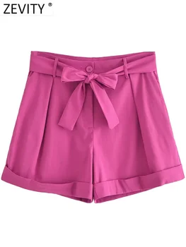  Zevity Kadın Moda Düz Renk Yay Bağlı Sashes Sıcak Bermuda Şort Bayanlar Şık Fermuar Rahat Şort Pantalone Cortos P2272