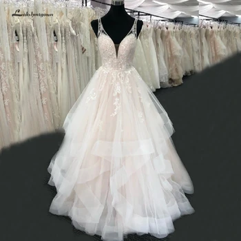  Lakshmigown Vestido de Noche Allık Pembe düğün elbisesi Yeni 2020 V Boyun Lüks Boncuk Dantel Gelin Gelinlikler Gerçek Fotoğraf