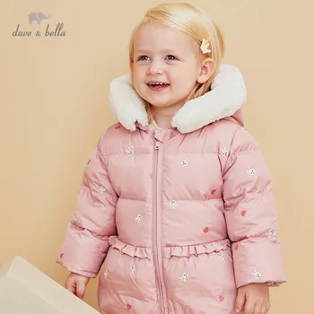  DBM15984 dave bella kış bebek kız moda karikatür kürk kapşonlu uzun kaban çocuk 90 % beyaz ördek aşağı yastıklı çocuk ceketi