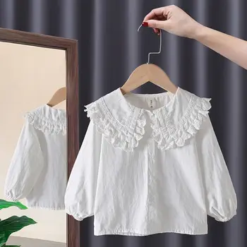  Dantel Üst Beyaz Bluz Bahar Pamuk Yaz Gömlek Kore Bebek Uzun Kollu Gömlek Tops Okul Kız Bluzlar Camisas Nakış Yeni