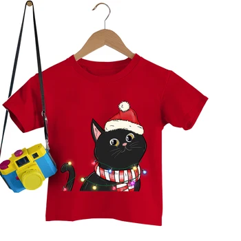  Noel Siyah Kedi Eşarp ile 2022 Yeni Çocuk Erkek Kız kısa kollu tişörtler 4-16Year çocuk Rahat moda giyim Tops