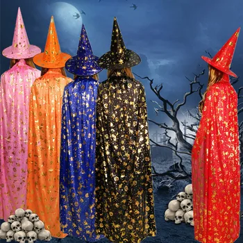  Cadılar bayramı Kostümleri Sihirbazı Cadı Pelerin Pelerin Elbise Kap Sivri Şapka Kız Erkek Cosplay Elbise Mont Çocuklar İçin doğum Günü Partisi