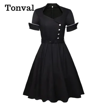  Tonval Siyah Zarif Düğme Ön Kadın Vintage Bir Çizgi Elbise Yüksek Bel Kuşaklı Diz Boyu Bayanlar Salıncak Elbiseler