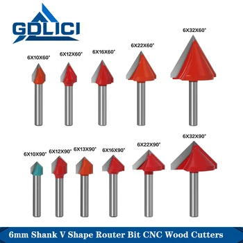  GDLICI 6mm V Şekli Katı Karbür End Mill CNC Ahşap Kesiciler Freze Uçları Ağaç İşleme Freze marangozluk aletleri 60R 90R 120R 150R